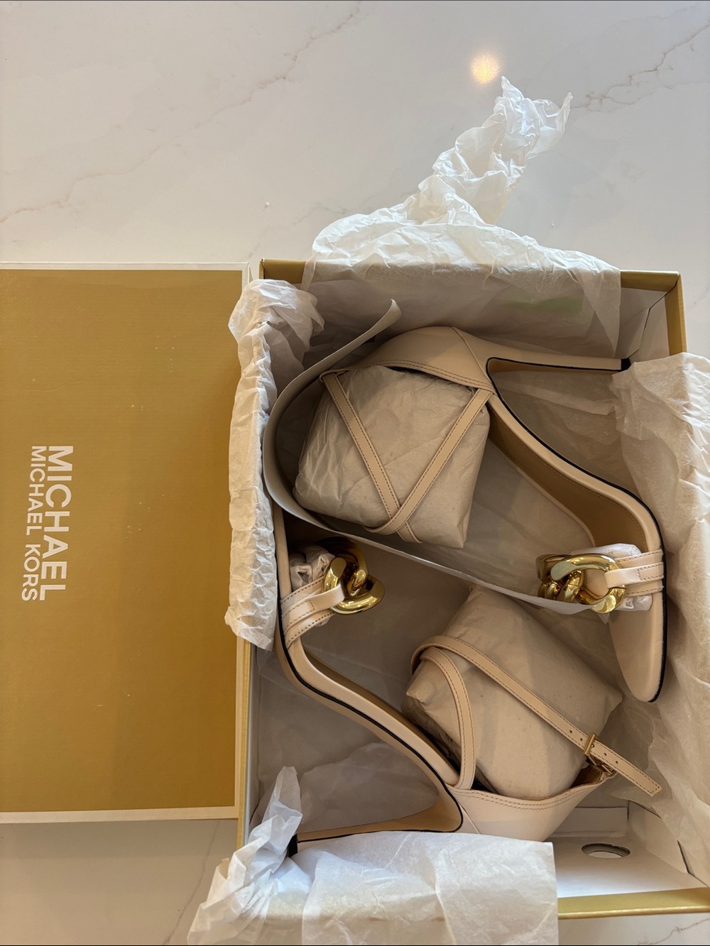 Michael Kors Cream Stiletto Sandal with Gold Chain Accent - Picture 9 of 9